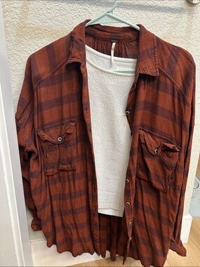 Free People Oversized Rust Plaid Lightweight Shirt Jacket Long Sleeve